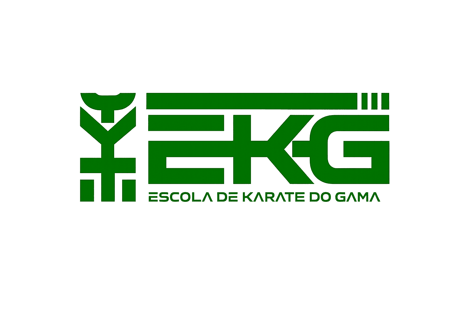 Logo da Escola de Karatê do Gama (EKG) em branco: símbolo estilizado de um karateca ao lado das letras EKG.